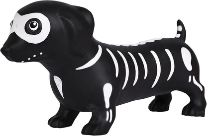 Spooky wiener dog squeeze toy with skeleton design