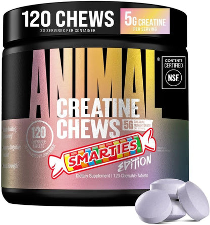 Animal creatine chew tablets in travel-friendly tub