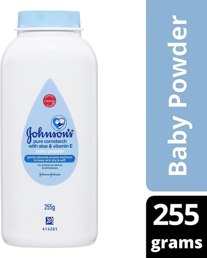 Johnson's Baby Cornstarch Baby Powder with Aloe and Vitamin E for Delicate Skin, Hypoallergenic, No Addded Parabens, and Dyes for Gentle Baby Skin Care, Baby Essentials, 1.5 oz