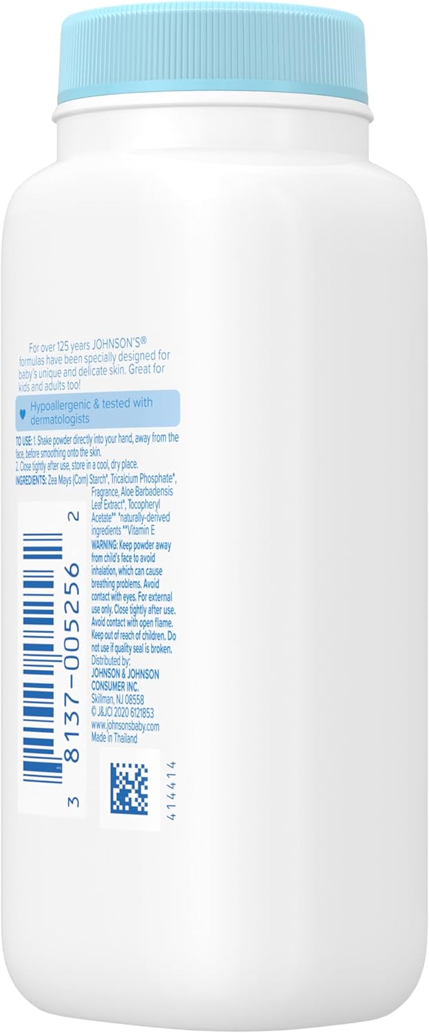 Johnson's Baby Cornstarch Baby Powder with Aloe and Vitamin E for Delicate Skin, Hypoallergenic, No Addded Parabens, and Dyes for Gentle Baby Skin Care, Baby Essentials, 1.5 oz