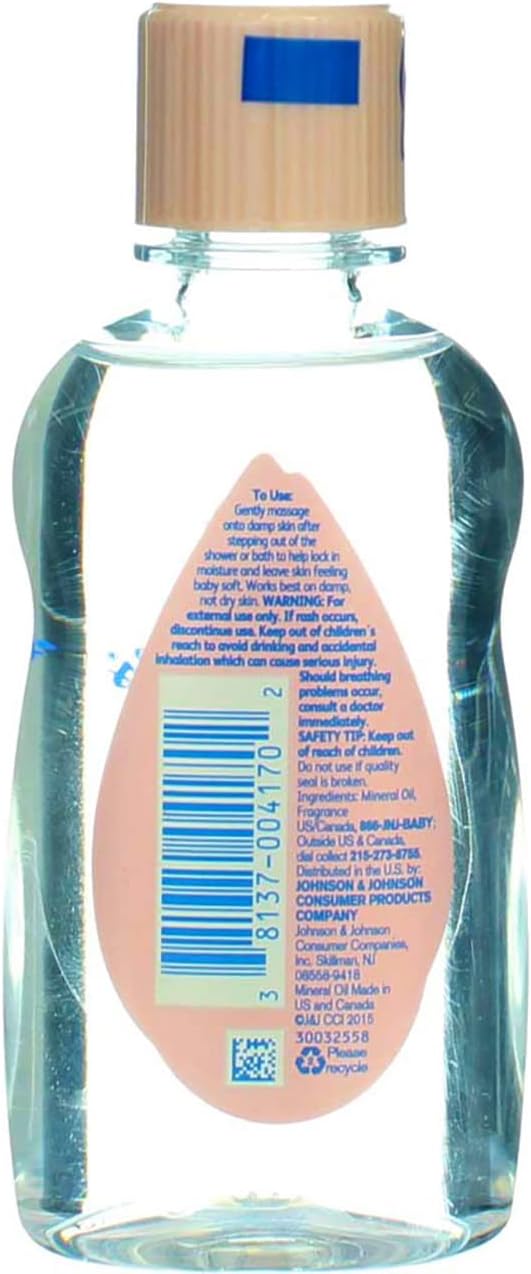Johnson's Baby Oil, Pure Mineral Oil to Prevent Moisture Loss for Newborn, Kids, & Adults, Gentle, Soothing Baby Massage Oil, Dry Skin Relief, Hypoallergenic, Original Scent, Baby Essentials, 3 fl. oz
