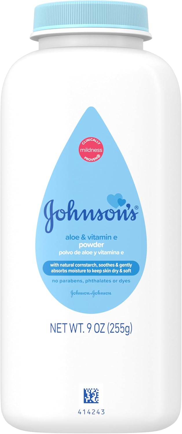 Johnson's Baby Cornstarch Baby Powder with Aloe and Vitamin E for Delicate Skin, Hypoallergenic, No Addded Parabens, and Dyes for Gentle Baby Skin Care, Baby Essentials, 1.5 oz