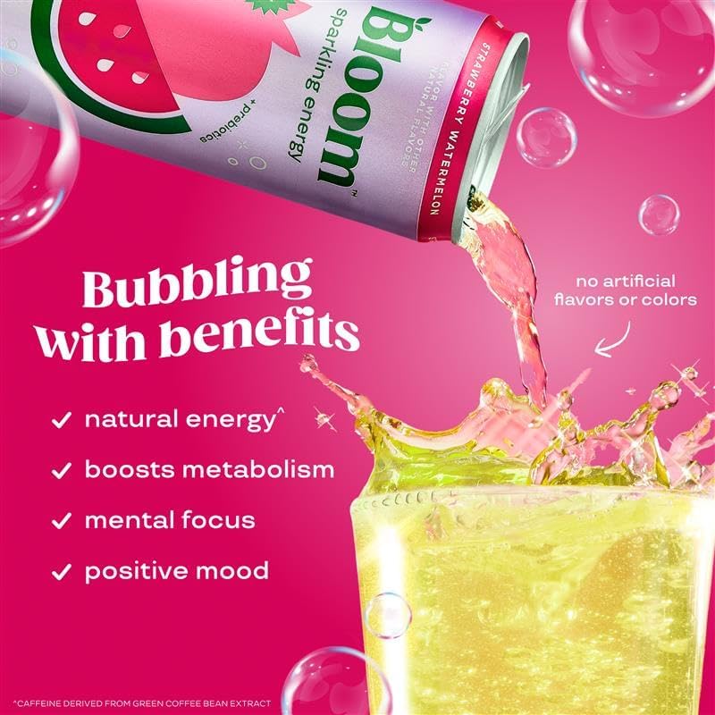 Bloom Nutrition energy drink cans with natural caffeine