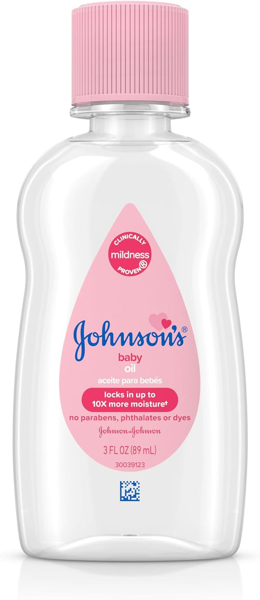Johnson's Baby Oil, Pure Mineral Oil to Prevent Moisture Loss for Newborn, Kids, & Adults, Gentle, Soothing Baby Massage Oil, Dry Skin Relief, Hypoallergenic, Original Scent, Baby Essentials, 3 fl. oz