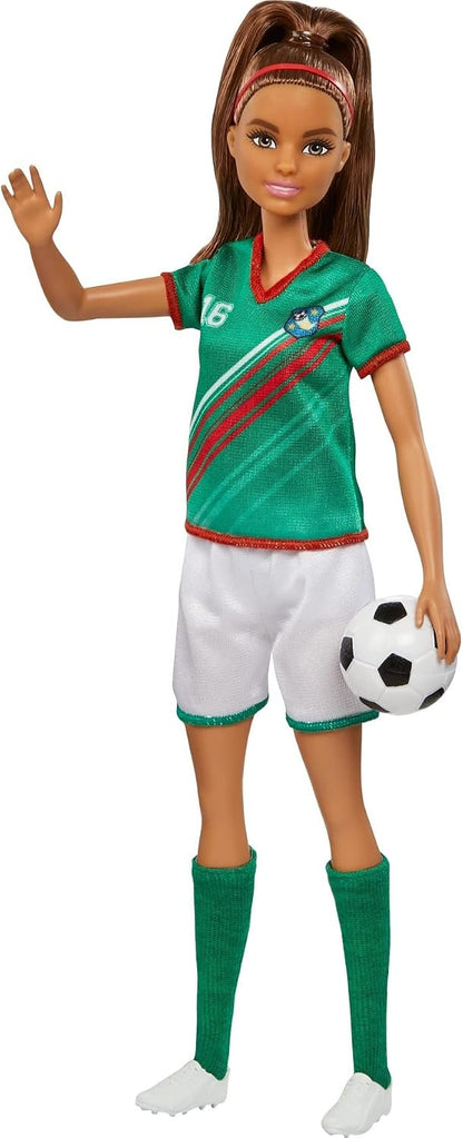 Brunette Barbie soccer doll with cleats and green socks
