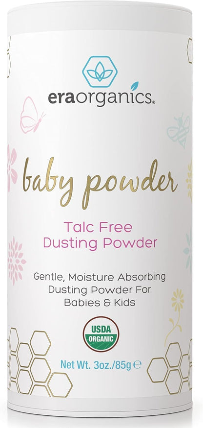 Visit the Era Organics Store — Era Organics Talc-Free Organic Baby Powder - USDA Organic Dusting Powder with Arrowroot, Calendula and Cornstarch for Newborns, Babies or Toddlers - Soothing, Fragrance Free, Made in USA (3oz/85g)