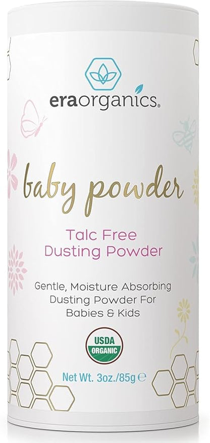 Visit the Era Organics Store — Era Organics Talc-Free Organic Baby Powder - USDA Organic Dusting Powder with Arrowroot, Calendula and Cornstarch for Newborns, Babies or Toddlers - Soothing, Fragrance Free, Made in USA (3oz/85g)