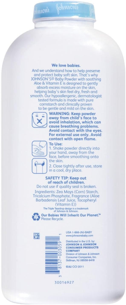Johnson's Baby Cornstarch Baby Powder with Aloe and Vitamin E for Delicate Skin, Hypoallergenic, No Addded Parabens, and Dyes for Gentle Baby Skin Care, Baby Essentials, 1.5 oz