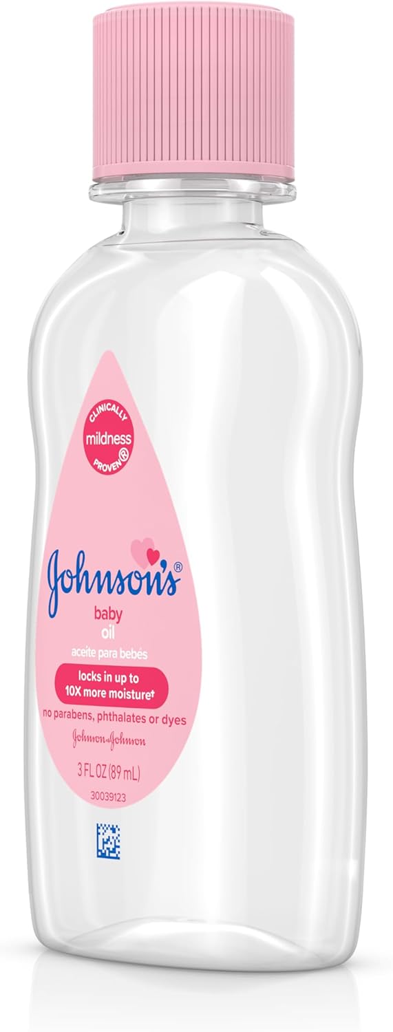 Johnson's Baby Oil, Pure Mineral Oil to Prevent Moisture Loss for Newborn, Kids, & Adults, Gentle, Soothing Baby Massage Oil, Dry Skin Relief, Hypoallergenic, Original Scent, Baby Essentials, 3 fl. oz