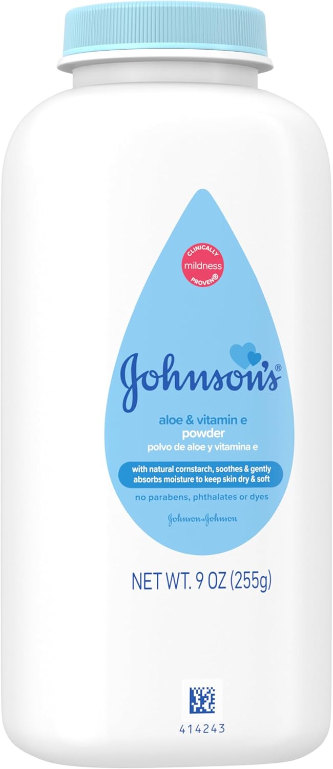 Johnson's Baby Cornstarch Baby Powder with Aloe and Vitamin E for Delicate Skin, Hypoallergenic, No Addded Parabens, and Dyes for Gentle Baby Skin Care, Baby Essentials, 1.5 oz