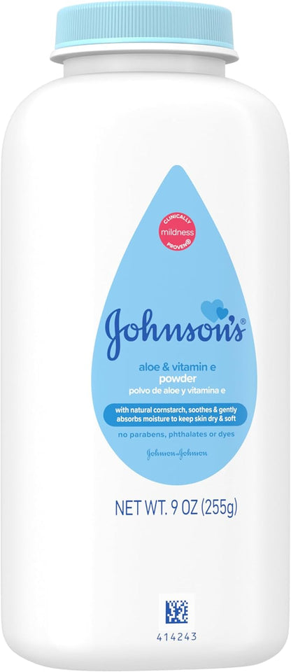 Johnson's Baby Cornstarch Baby Powder with Aloe and Vitamin E for Delicate Skin, Hypoallergenic, No Addded Parabens, and Dyes for Gentle Baby Skin Care, Baby Essentials, 1.5 oz