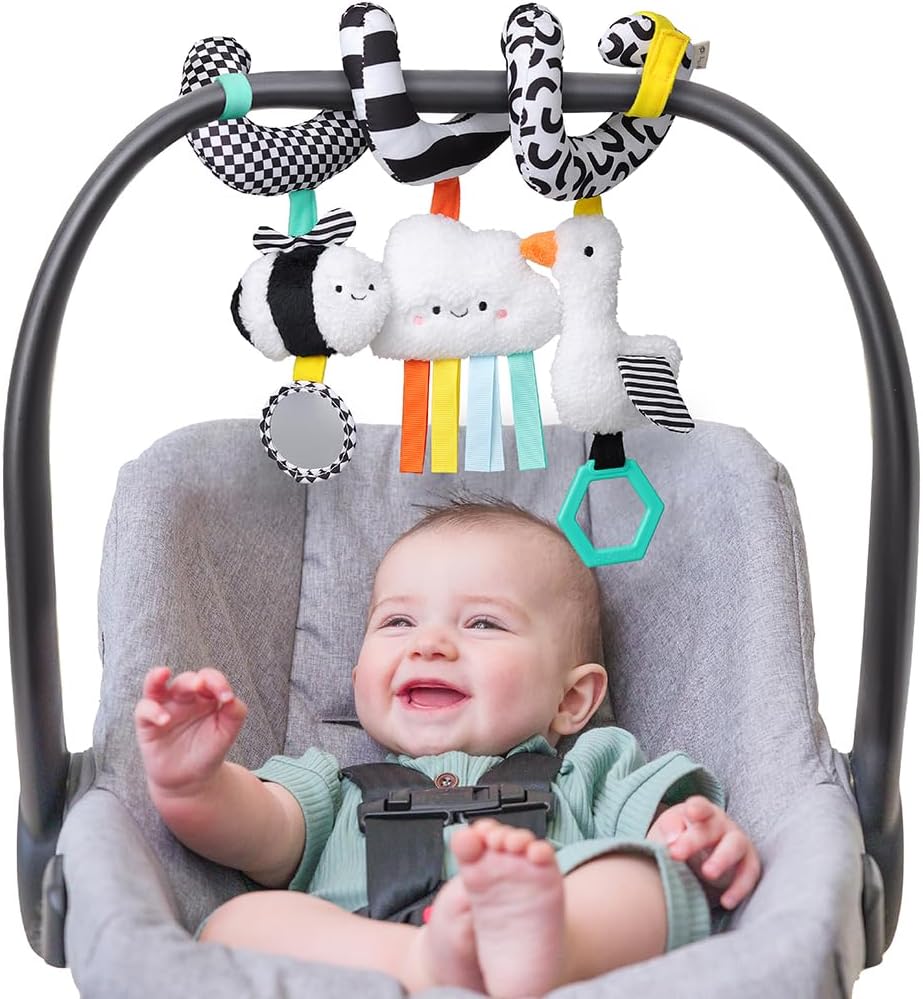 Baby car seat activity toy with mirror and ribbons