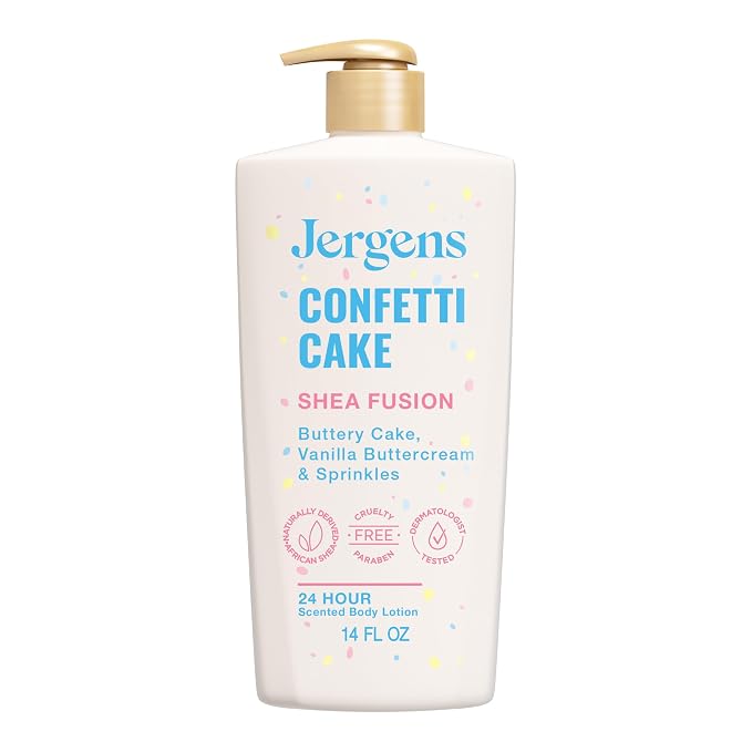 Jergens Shea Fusion Confetti Cake body lotion bottle