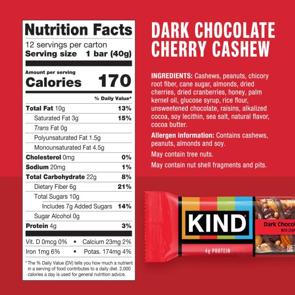 Individually wrapped KIND Dark Chocolate Cherry Cashew bars