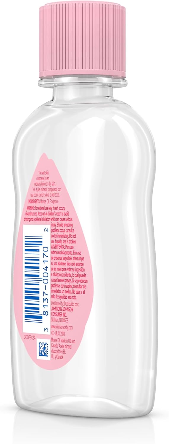 Johnson's Baby Oil, Pure Mineral Oil to Prevent Moisture Loss for Newborn, Kids, & Adults, Gentle, Soothing Baby Massage Oil, Dry Skin Relief, Hypoallergenic, Original Scent, Baby Essentials, 3 fl. oz