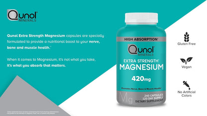 Qunol Magnesium Extra Strength 420mg, Vegetarian & Gluten Free, 240 Capsules