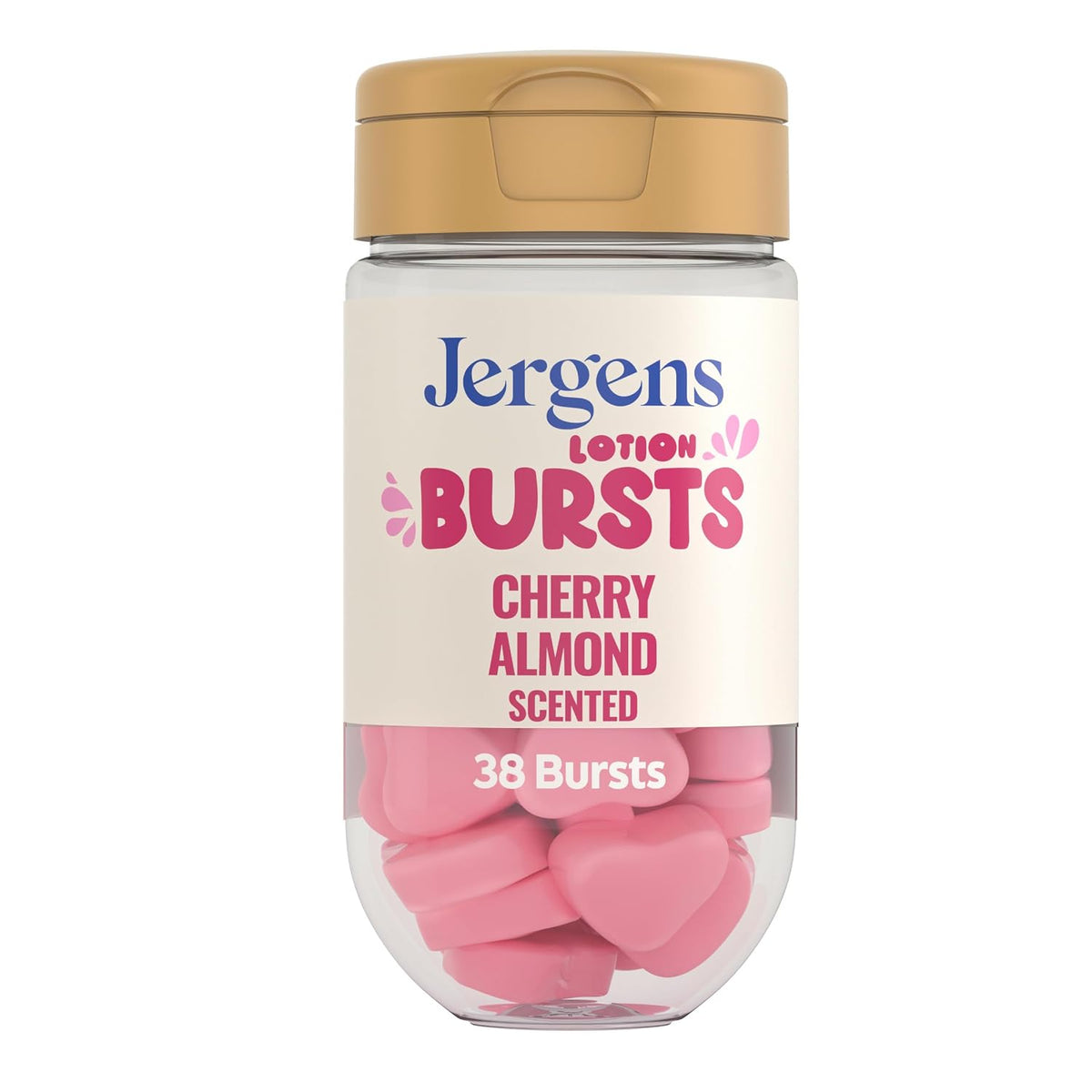 Pink heart-shaped Jergens lotion bursts with cherry almond scent