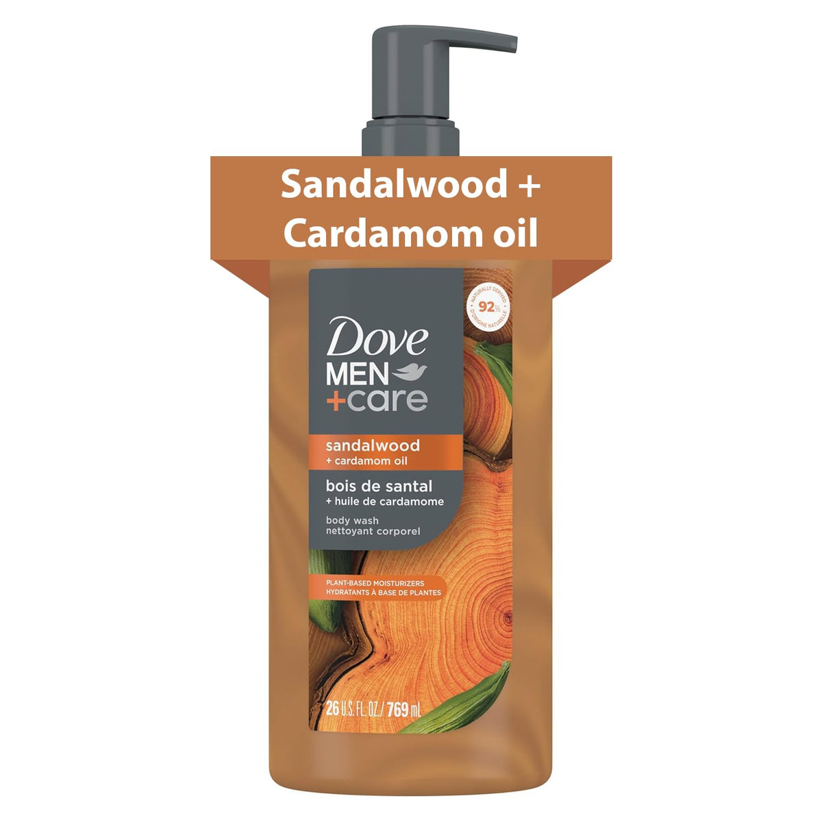 Dove Men+Care sandalwood and cardamom oil body wash front view