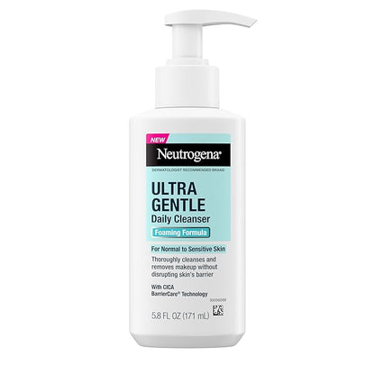 Neutrogena Ultra Gentle Foaming Facial Cleanser, Fragrance Free Hydrating Face Wash for Sensitive Skin, Daily Non Over Drying Makeup Remover, Hypoallergenic, Soap & Dye Free, Non-Comedogenic, 16 Fl Oz