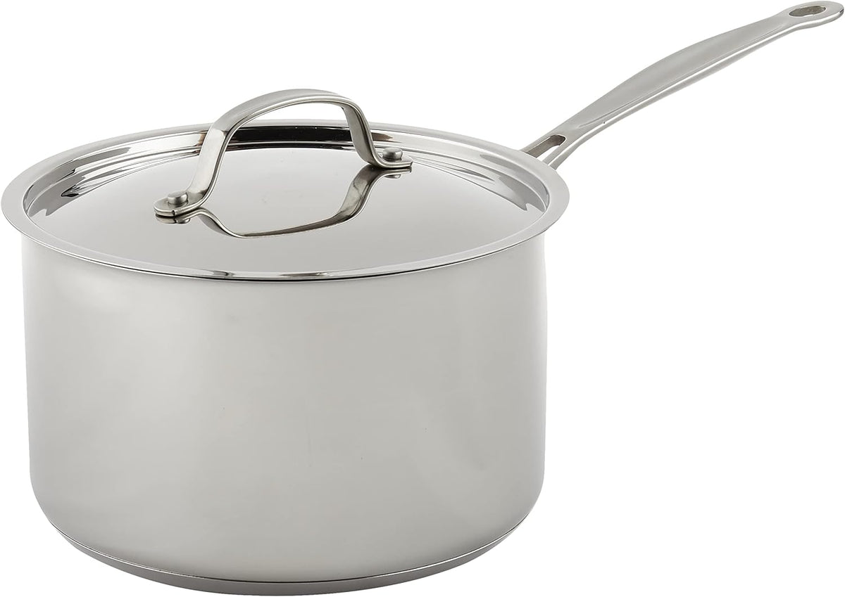 Induction-ready stainless steel saucepan for home cooking
