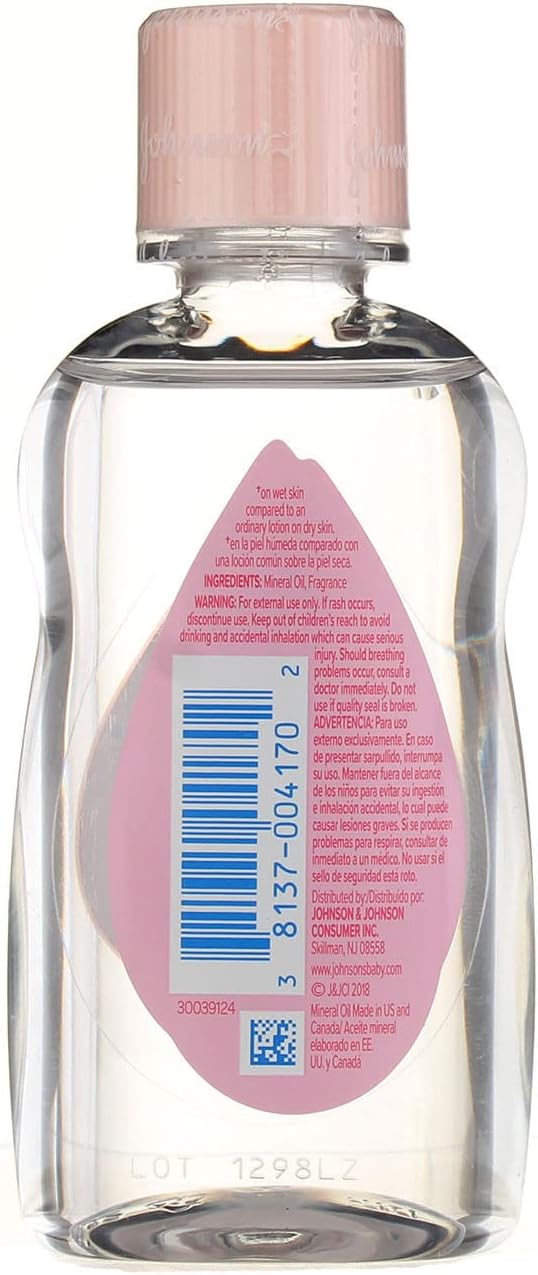 Johnson's Baby Oil, Pure Mineral Oil to Prevent Moisture Loss for Newborn, Kids, & Adults, Gentle, Soothing Baby Massage Oil, Dry Skin Relief, Hypoallergenic, Original Scent, Baby Essentials, 3 fl. oz