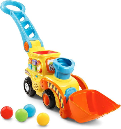 Interactive red toddler bulldozer push toy with balls
