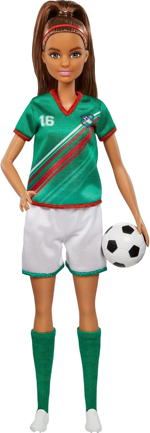 Barbie soccer doll in green shirt and white shorts