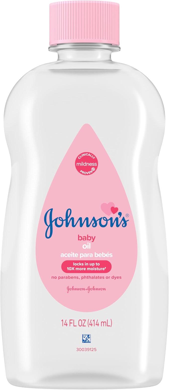 Johnson's Baby Oil, Pure Mineral Oil to Prevent Moisture Loss for Newborn, Kids, & Adults, Gentle, Soothing Baby Massage Oil, Dry Skin Relief, Hypoallergenic, Original Scent, Baby Essentials, 3 fl. oz