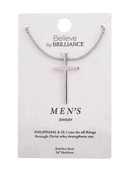 Silver stainless steel faith-themed cross pendant necklace
