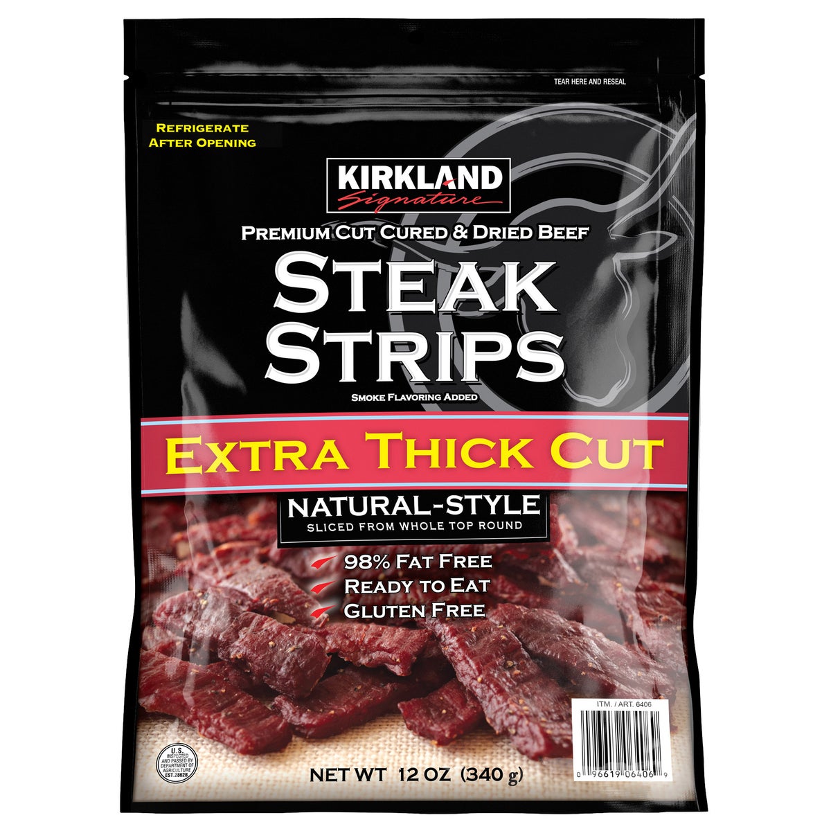 Kirkland Signature premium extra thick steak strips 12 oz package