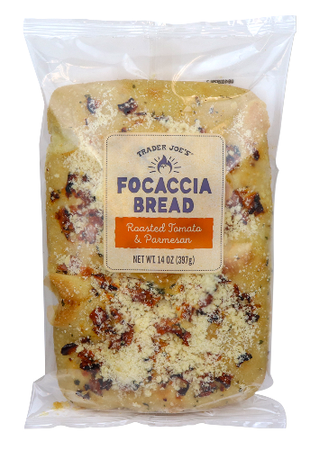 Trader Joe's focaccia bread with roasted tomato and parmesan