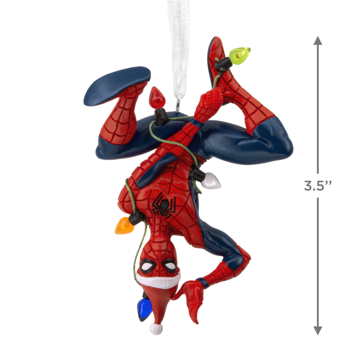 Marvel Spider-Man hanging from Christmas lights ornament
