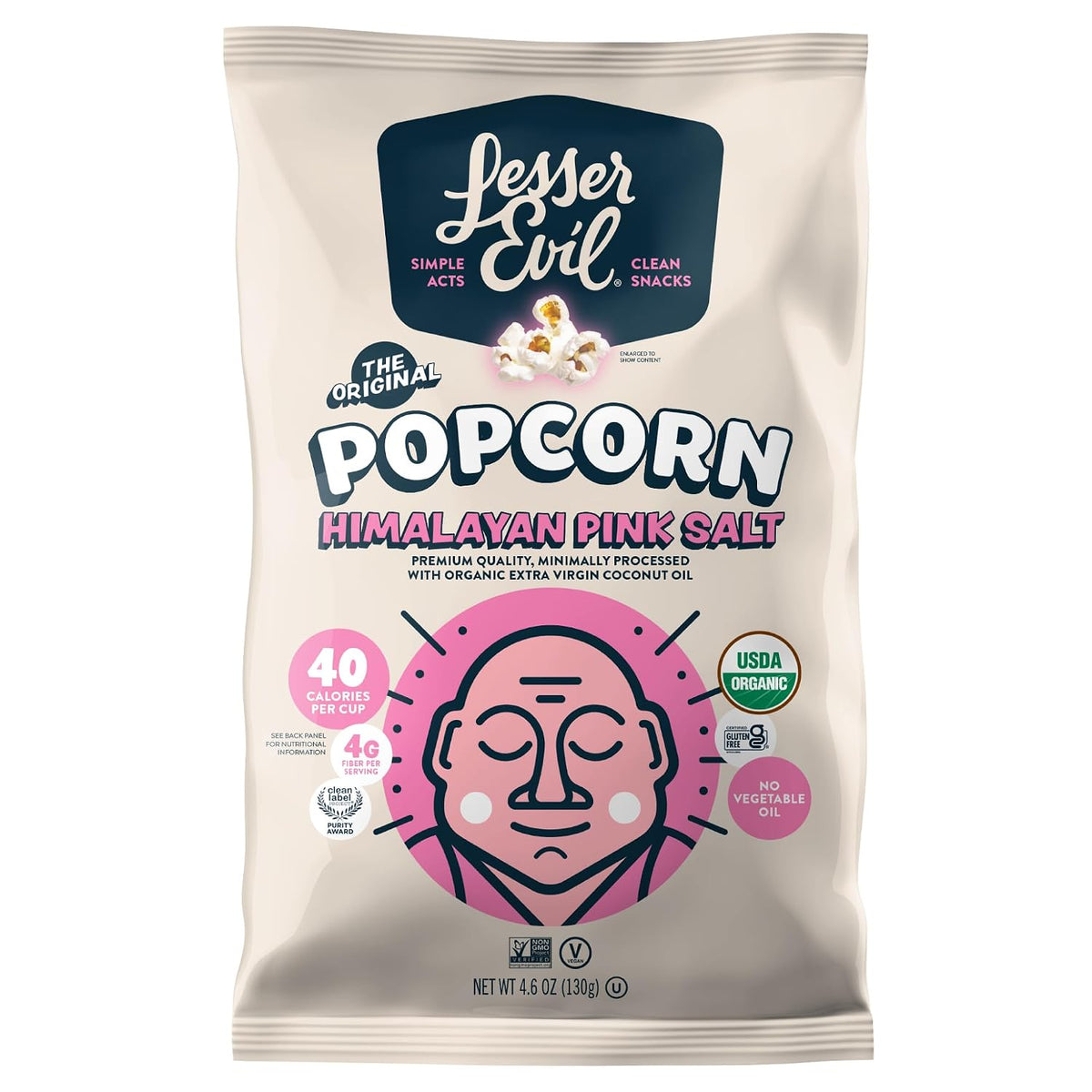 LesserEvil popcorn bag with Himalayan pink salt flavor