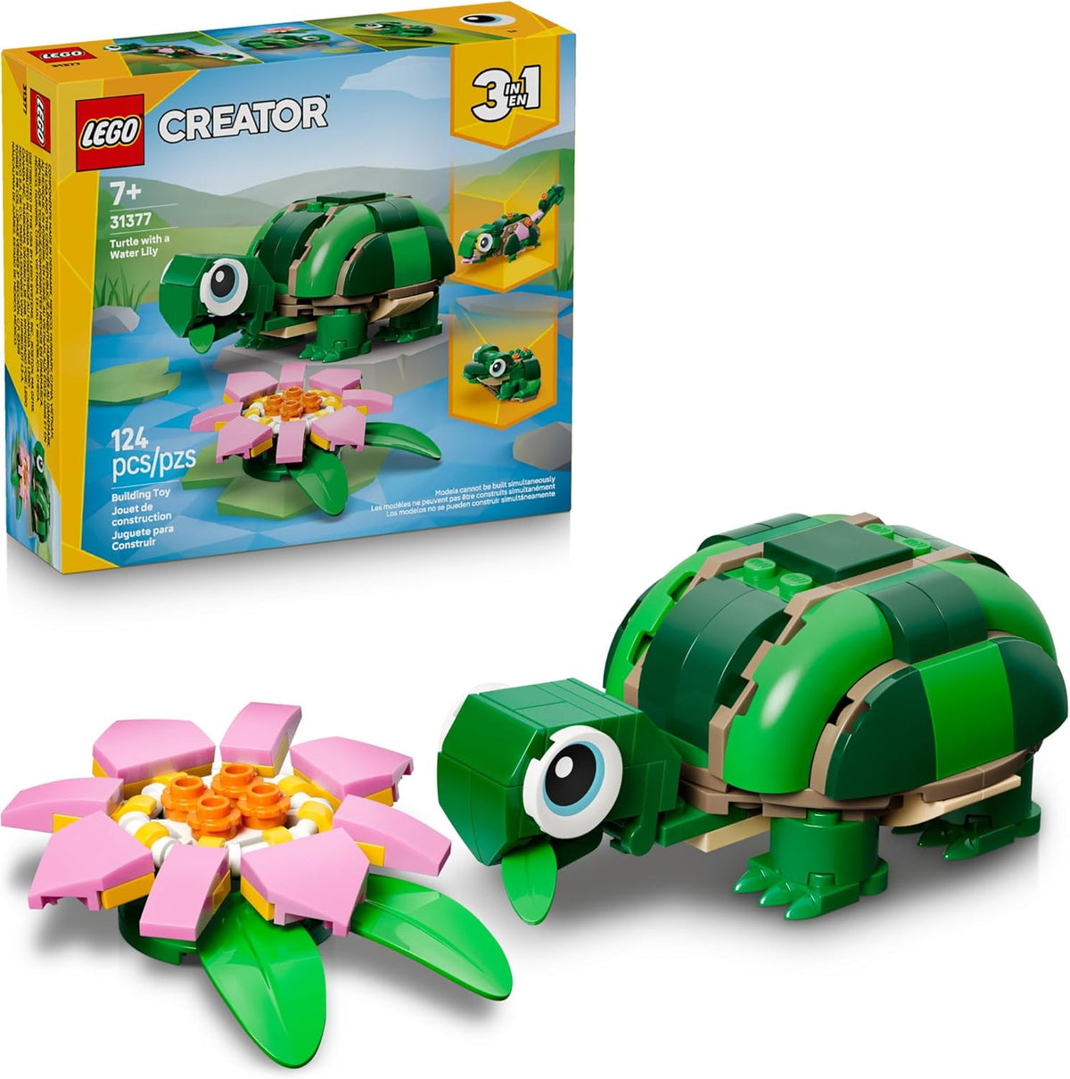 LEGO turtle toy with pink water lily flower