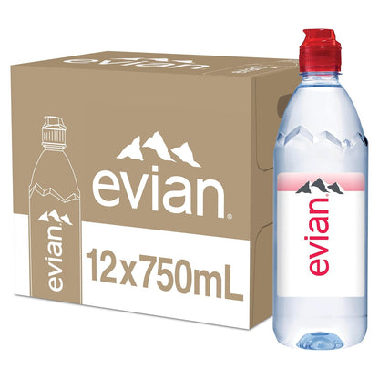 evian French Alps spring water bottles with sports caps