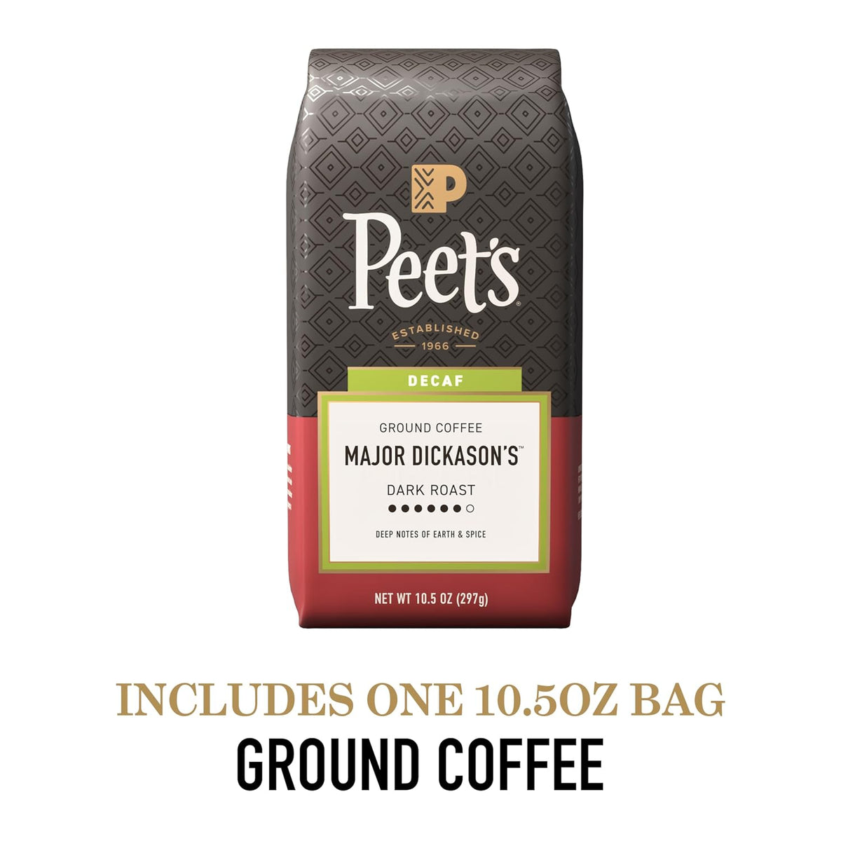 Peet's Coffee premium decaf dark roast ground coffee packaging