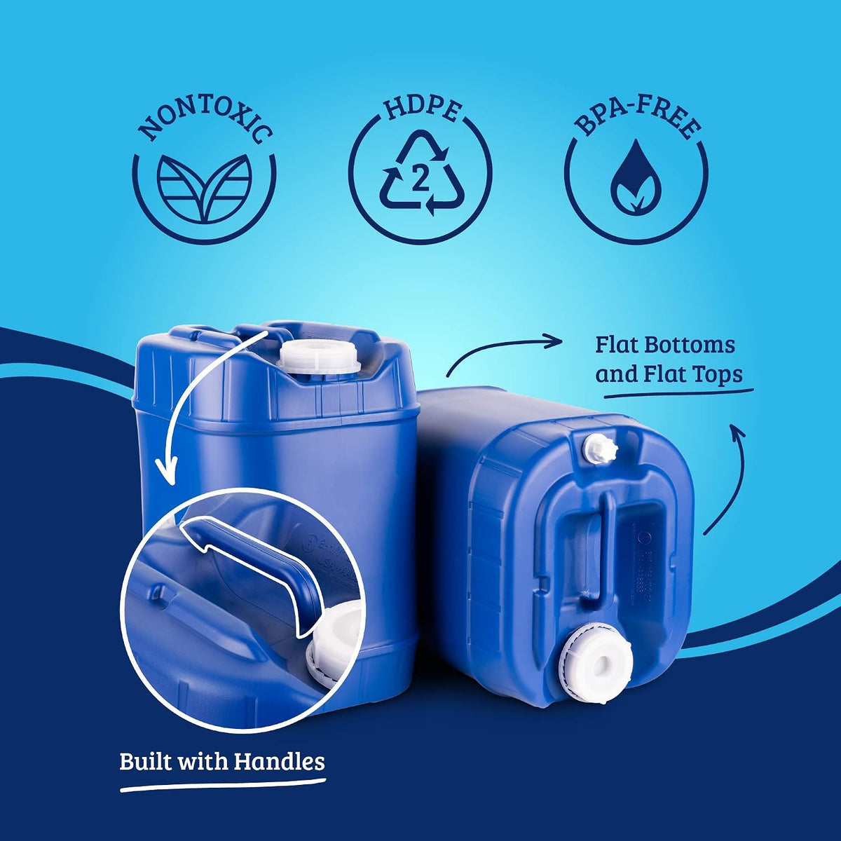 Portable water storage containers with built-in handles