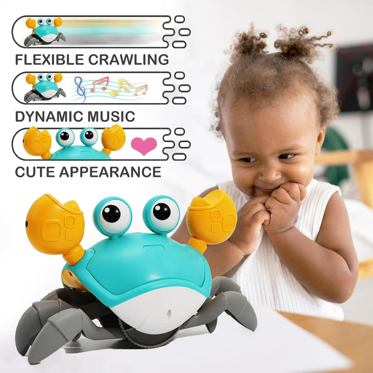 Sideways moving crab baby toy with sensors
