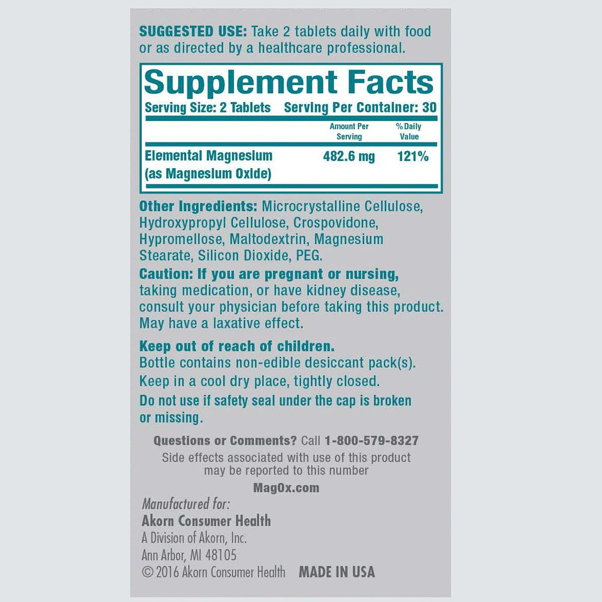 Mag-Ox magnesium supplement facts bottle image