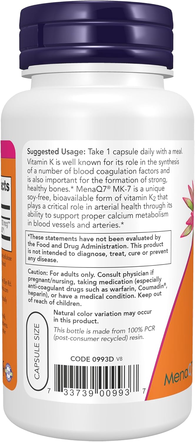 NOW MenaQ7 MK-7 Vitamin K-2 supplement bottle