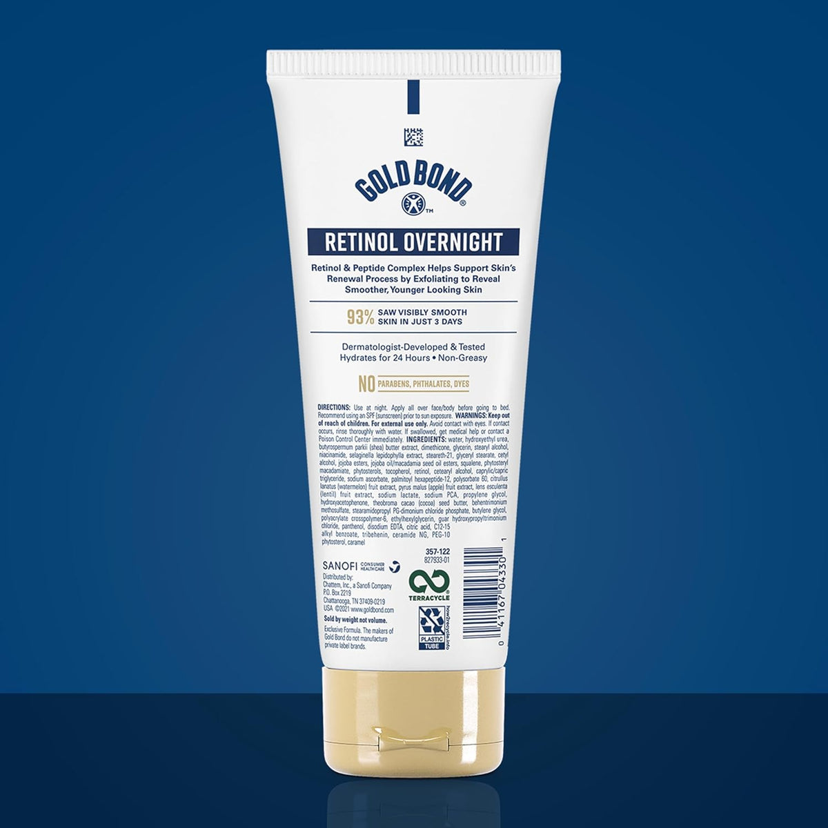 Fragrance-free Gold Bond overnight moisturizer bottle