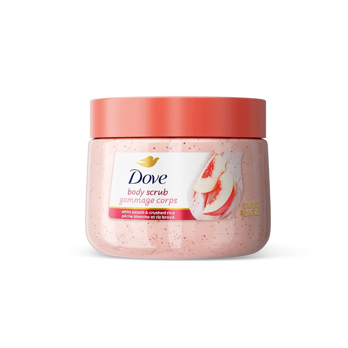 Dove exfoliating body scrub jar with white peach scent