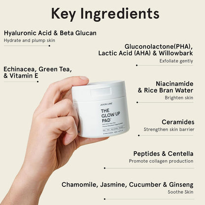 JAXON LANE  — Rice Toner Pads Korean Skin Care Daily Exfoliating Pads for Face: THE GLOW UP Centella AHA PHA Niacinamide Brightening Toner for Mens Skincare, Facial Cleansing, Acne Pores, Dark Spots & Skin Radiance