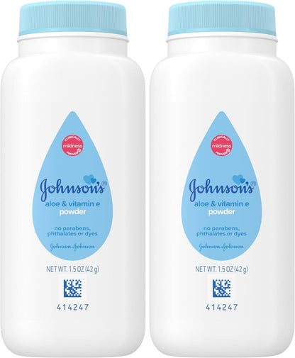 Johnson's Baby Cornstarch Baby Powder with Aloe and Vitamin E for Delicate Skin, Hypoallergenic, No Addded Parabens, and Dyes for Gentle Baby Skin Care, Baby Essentials, 1.5 oz