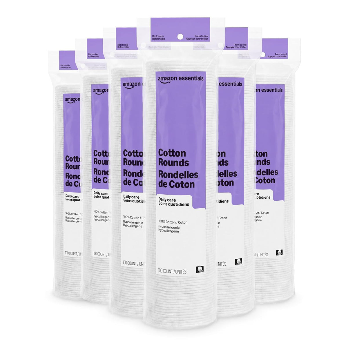 Six packs of Amazon Essentials 100% cotton rounds