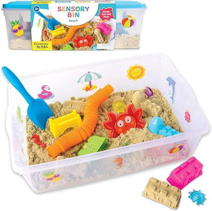 Kids sensory sand bin with excavator toys