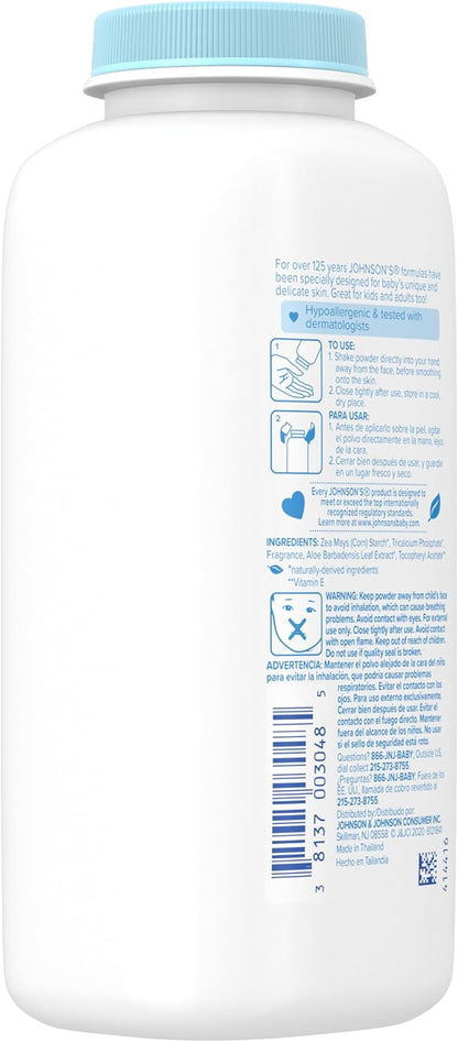 Johnson's Baby Cornstarch Baby Powder with Aloe and Vitamin E for Delicate Skin, Hypoallergenic, No Addded Parabens, and Dyes for Gentle Baby Skin Care, Baby Essentials, 1.5 oz