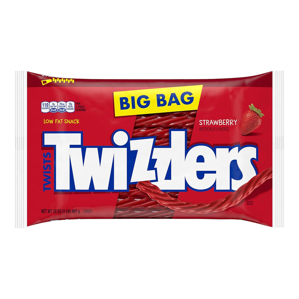 Red strawberry flavored licorice-style chewy candy bag