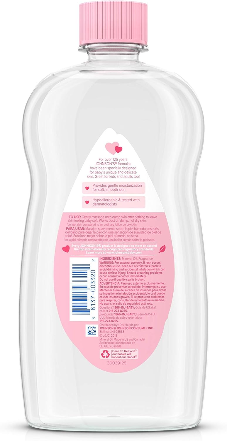 Johnson's Baby Oil, Pure Mineral Oil to Prevent Moisture Loss for Newborn, Kids, & Adults, Gentle, Soothing Baby Massage Oil, Dry Skin Relief, Hypoallergenic, Original Scent, Baby Essentials, 3 fl. oz