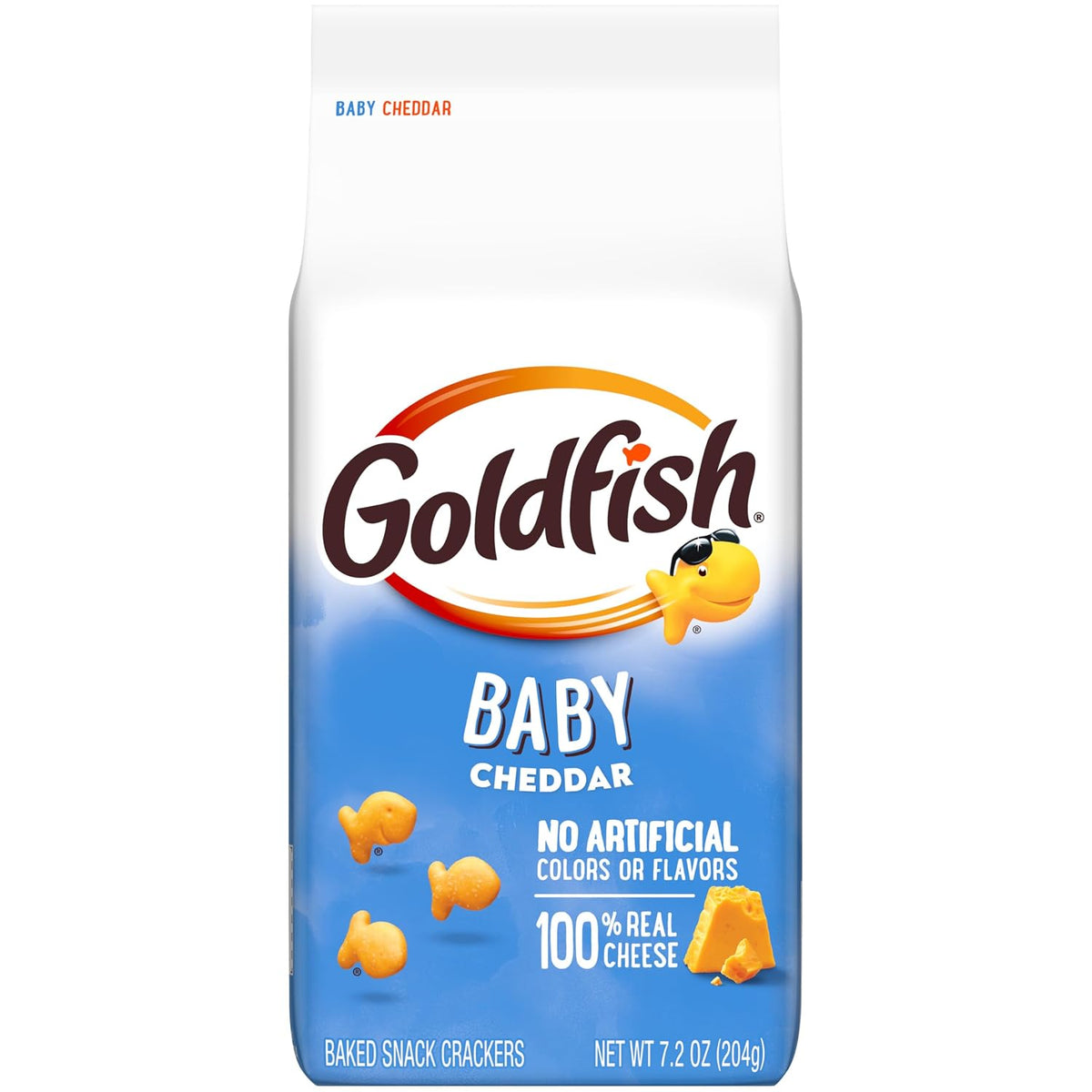 Bite-sized Goldfish cheddar crackers in a snack bag